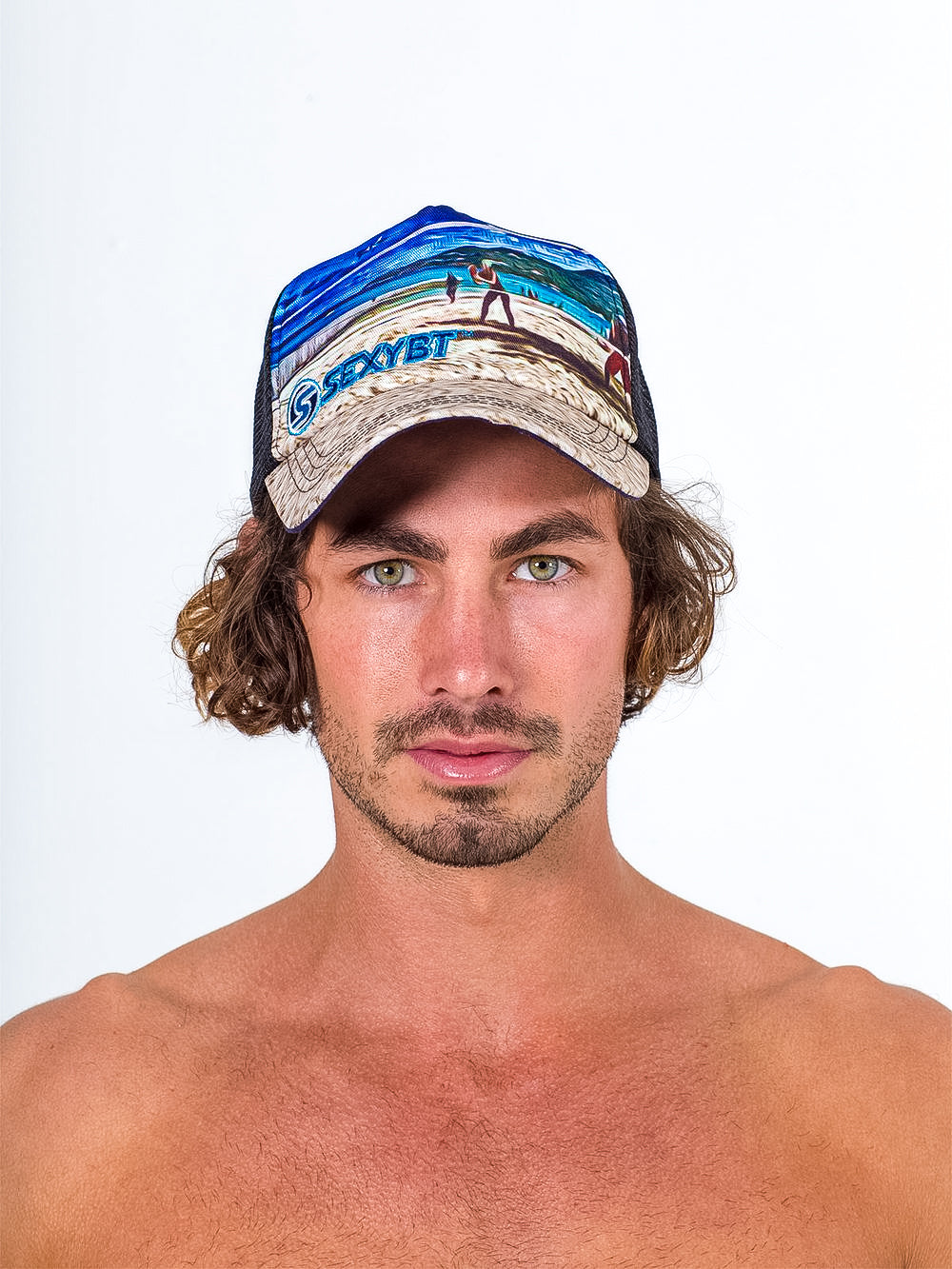 Sandy Beach Scene Hat in Black w/ Rounded Bill
